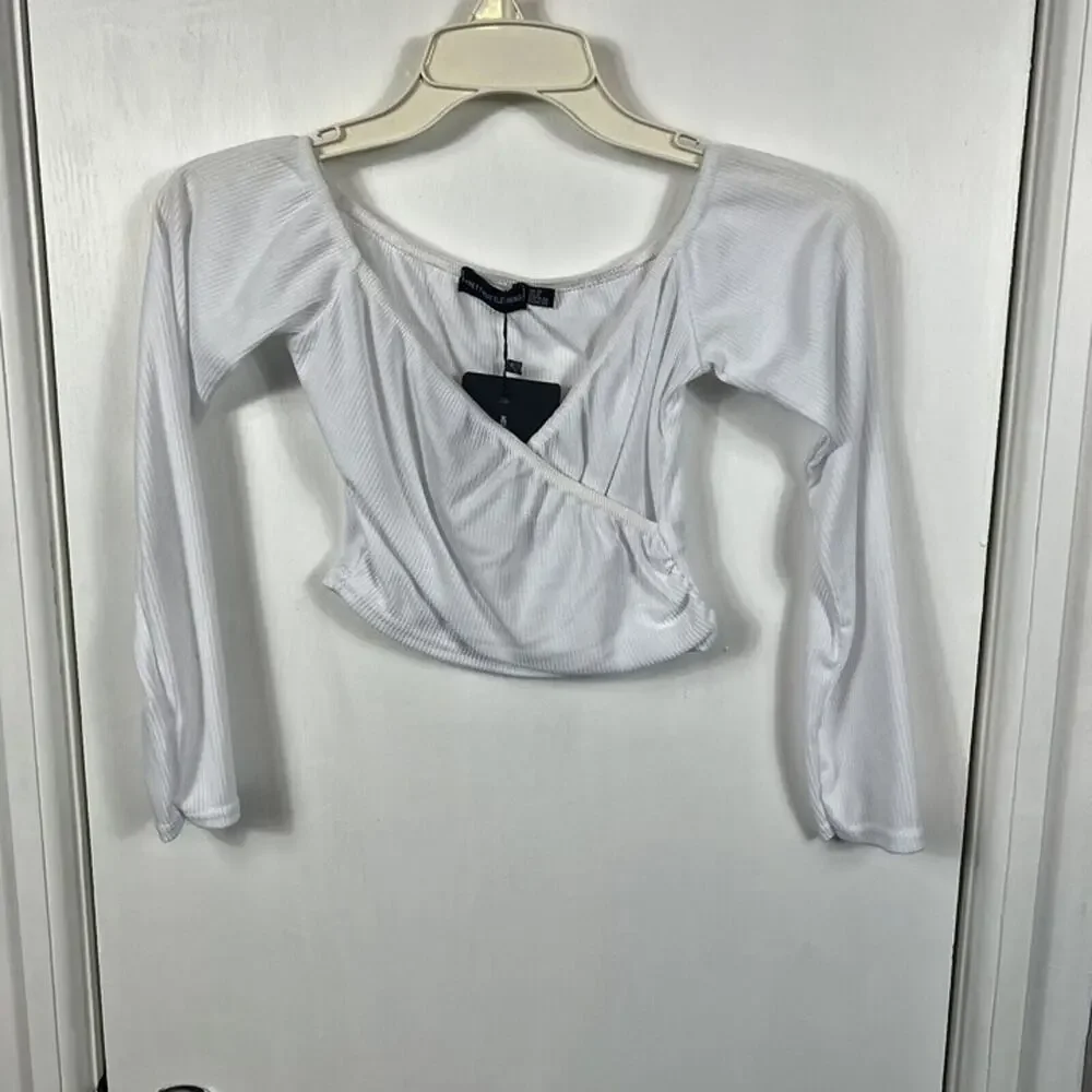 Shape White Wrap Bardot Ribbed Crop Top Pretty Little Thing Sz 2